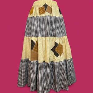 Womens' Handmade Tiered Patchwork Skirt M/L Gingham Floral Prairie Cottage Retro